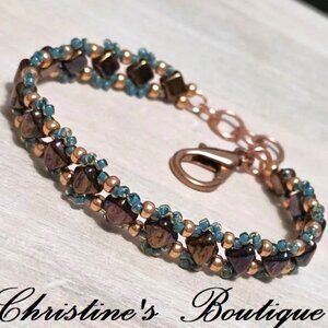 Handmade glass supergem duo beads,  copper, bronze beads and teal and copper